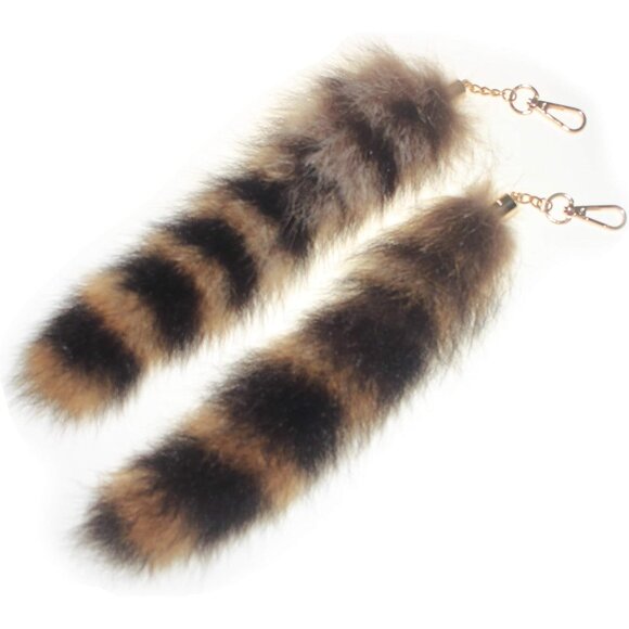 ⚡2 pcs 25cm length Authentic America Raccoon Tail Fur Handbag Chain Ring Hook - Picture 1 of 9